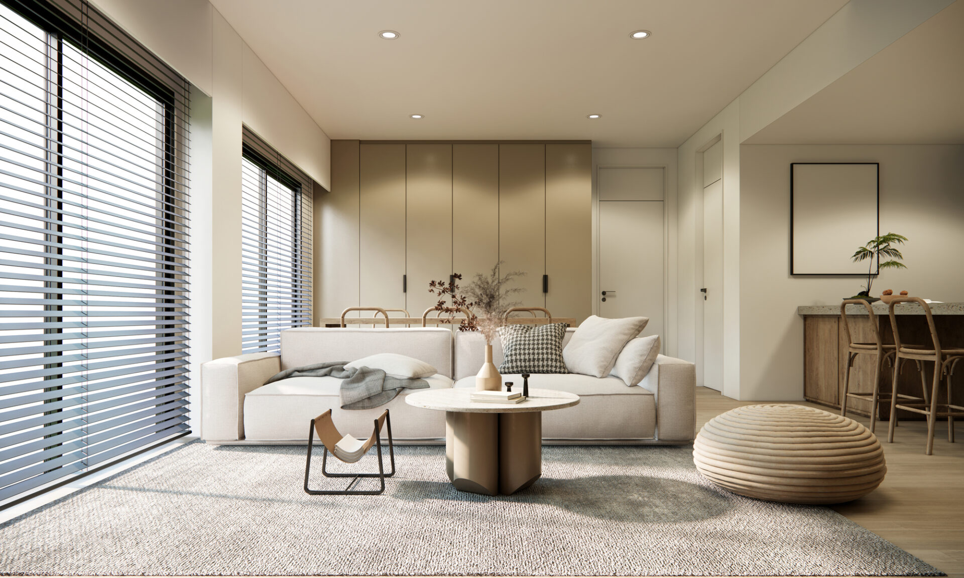 3d rendering modern style living room interior design and decoration with white fabric sofa and pillows grey capet round coffee table dining table and chairs and built in cabinet and island counter.